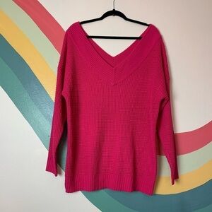 ZENANA Premium Barbie Core Pink Waffle Knit V Neck Sweater Oversized Baggy L